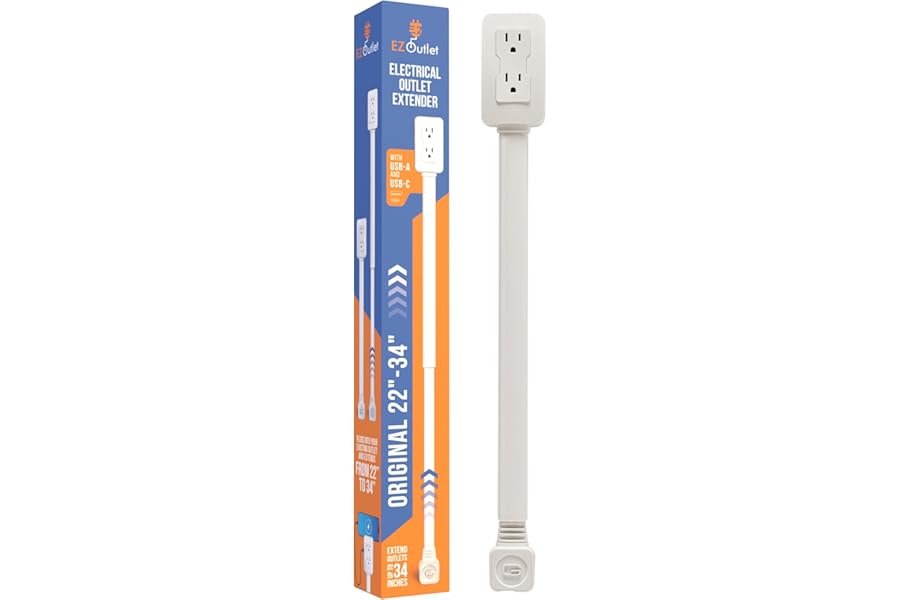 EZ Outlet Electrical Outlet Extender. Access Hard-to-Reach Outlets! Features USB-A, USB-C, and 2 AC Outlets, Extends 22"-34", Rotates 180°. Use Behind Couches, Nightstands, Desks, and More.