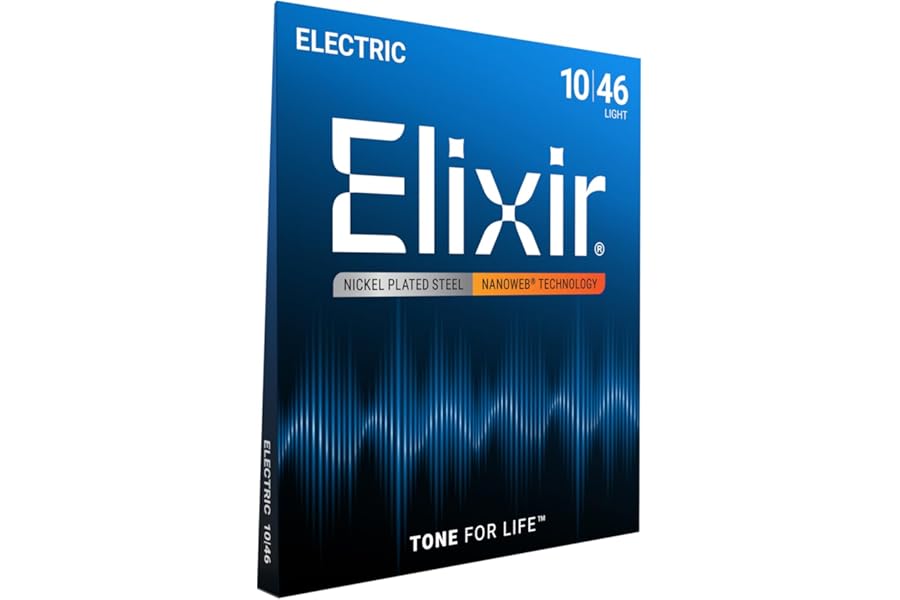 Elixir Strings, Electric Guitar Strings, Nickel Plated Steel with NANOWEB Technology, Longest-Lasting Bright Tone with Comfortable Feel, 6 String Set, Light 10-46