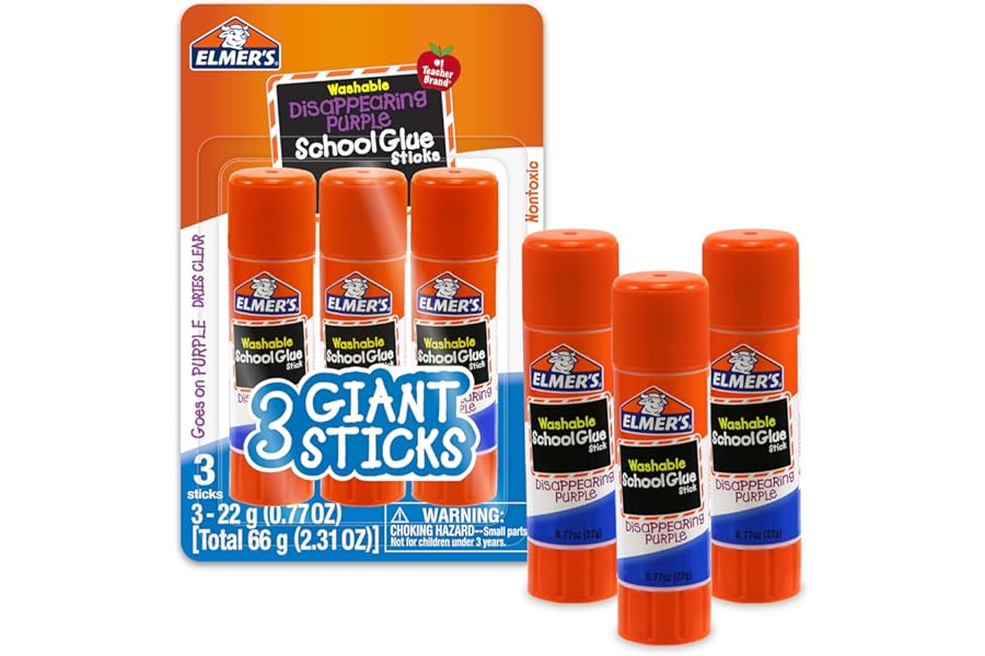Elmer's Disappearing Purple School Glue Sticks, Washable, 22 Grams, 3 Count - Poster, Vision Board, Back to School Supplies, #1 Teacher Brand