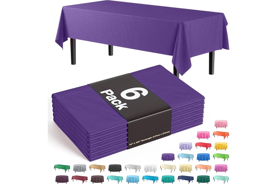 Exquisite Party Solids 6-Pack Premium Plastic Tablecloth 54in. x 108in. Rectangle Plastic Table Cover - Purple