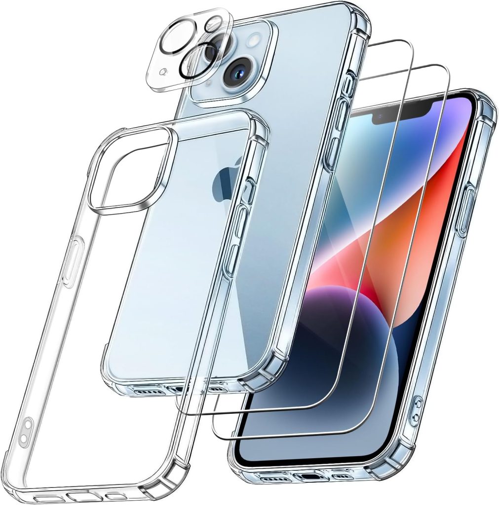 FLLAO 4 en 1 Coque pour iPhone 14 avec 2 Verre Trempé et 1 Caméra Protecteur, [Coussin d'air Intégré] Antichoc Antirayures Bumper Protection Housse pour iPhone 14 6.1", Transparent