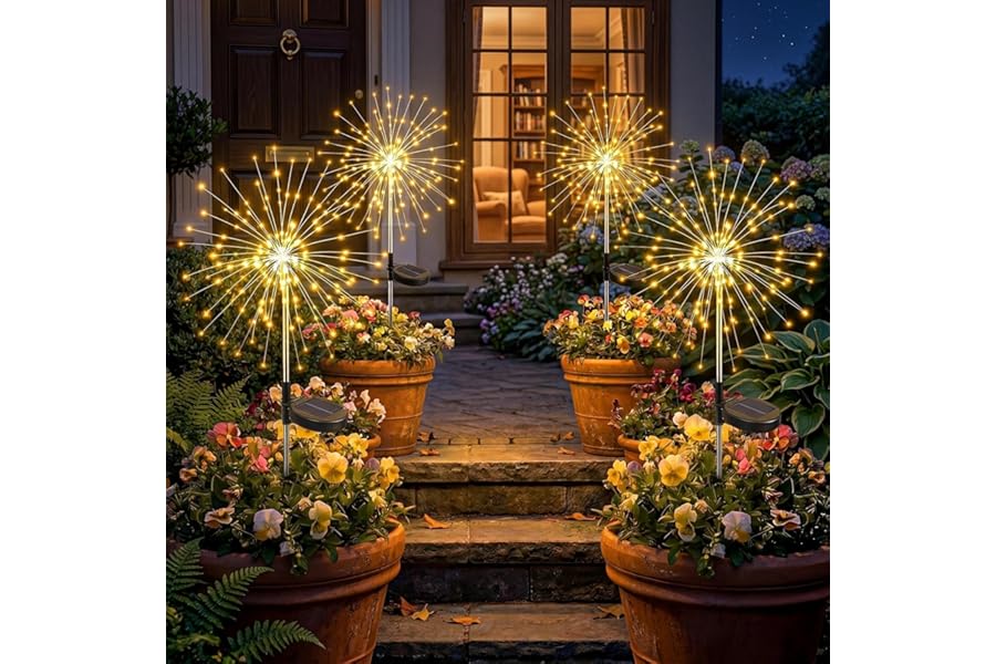 Fairdeer Solar Firework Lights Outdoor 4 Pack, 120LED Solar Starburst Garden Lights with 8 Modes, Waterproof Decorative Spark