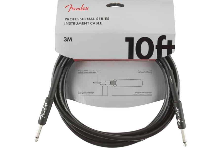 Fender Professional Series Instrument Cable, Guitar Cable 10 ft, Guitar Accessories, Stage Ready with Anti-Kinking Design, Black