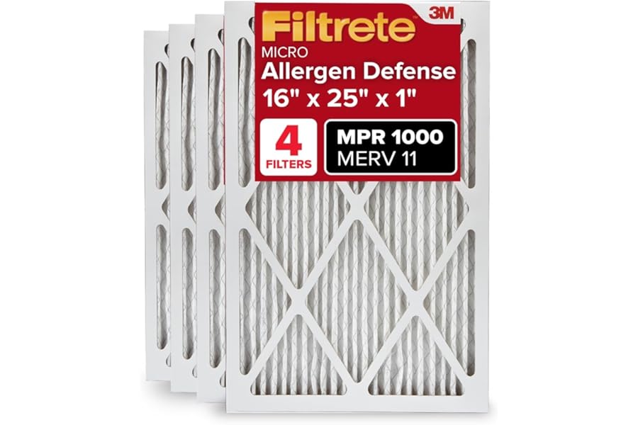 Filtrete 16x25x1 Air Filter, MERV 11, MPR 1000, Allergens & Pet Dander, 3-Month AC and Furnace Filters, Cleaner Air, Reliable Airflow, 4 HVAC Filters (Actual Size 15.68 x 24.68 x 0.81 in)