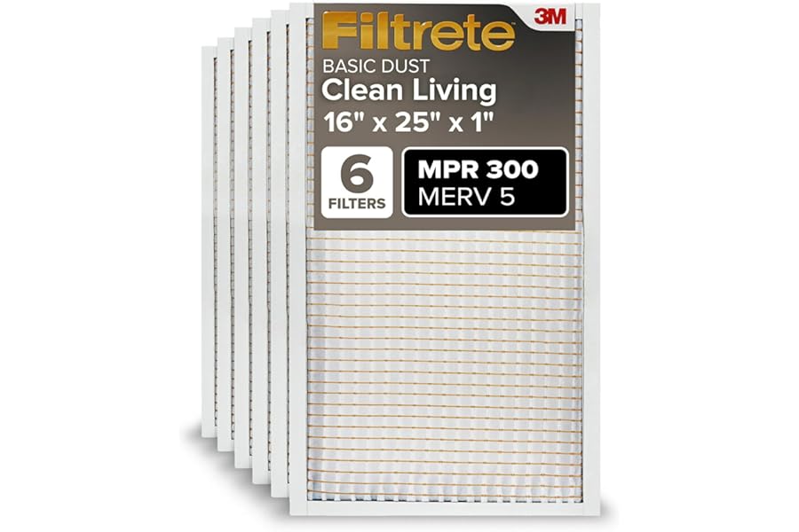 Filtrete 16x25x1 Air Filter MERV 5, 6-Pack AC Furnace HVAC Filters for Home, MPR 300 Basic Dust Defense, Pleated Electrostatic Removes Lint & Dust (Actual Size 15.69x24.69x0.81 in)
