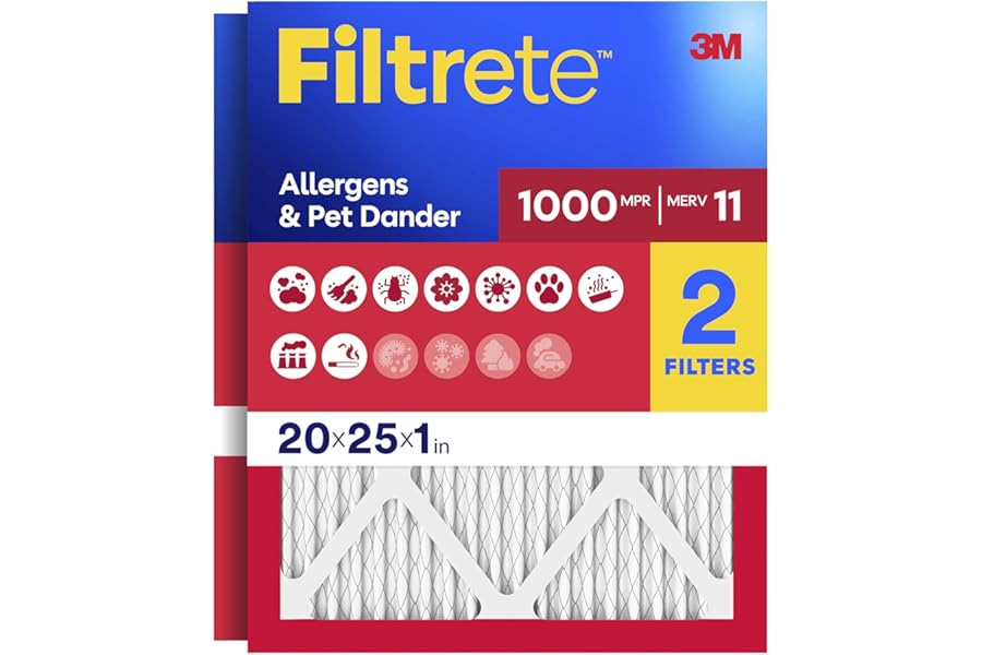 Filtrete 20x25x1 AC Furnace Air Filter, MERV 11, MPR 1000, Micro Allergen Defense, 3-Month Pleated 1-Inch Electrostatic Air Cleaning Filter, 2 Pack (Actual Size 19.688 x 24.688 x 0.84 in)