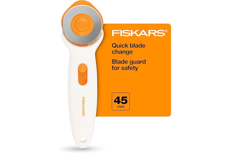 Fiskars 45mm Rotary Cutter for Fabric, Premium Steel Stick Fabric Cutter Cuts Through Multiple Layers, Right and Left Handed, Easy and Safe Blade Change, Arts and Crafts, Sewing and Quilting Tools