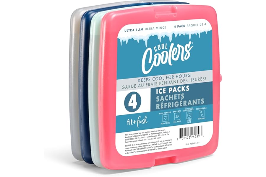 Fit + Fresh Cool Coolers Slim, Reusable Ice Packs for Lunch Bags, Beach Bags, Coolers, and More, Set of 4, Multicolored