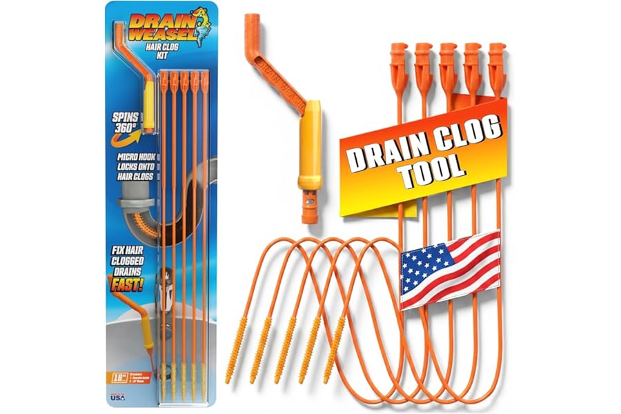 Flexisnake Drain Weasel Hair Clog Remover Kit – Plumbing Snake Auger for Cleaning Shower, Bath Tub, Bathroom Drains with Rotating Handle and 5 Disposable Wands, Made in USA