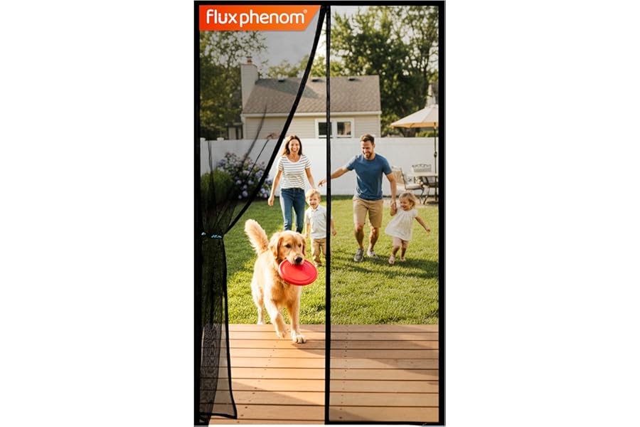Flux Phenom Magnetic Screen Door - Bugs Out, Breeze in - 9min Install Auto-Sealing Heavy Duty Double Stitched Mesh, 52 Magnet