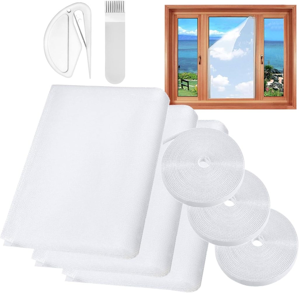 Fly Screens for Windows, 3 Pack Self-Adhesives Window Netting for Insects, DIY Cut to Size Bug Mosquito Net, 130x150CM Window Screen White Window Mesh Insect Screen Curtain, Fitted to Multiple Windows