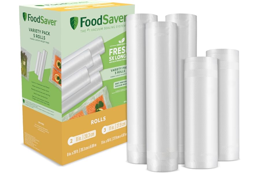 FoodSaver Custom Length Vacuum Sealer Bags Multipack, 5 Count Rolls for Airtight Food Storage and Sous Vide - Compatible with FoodSaver, 8 (2 Pack) and 11 (3 Pack)