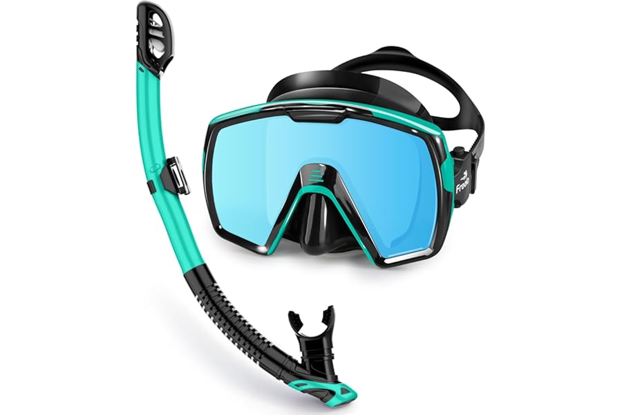 Freela Adult Dry Snorkel Set with Mirrored Lens Anti-Fog 180° Wide View Anti-Fog, Scuba Diving Mask with Nose Cover, Snorkeling Gear for Men Women