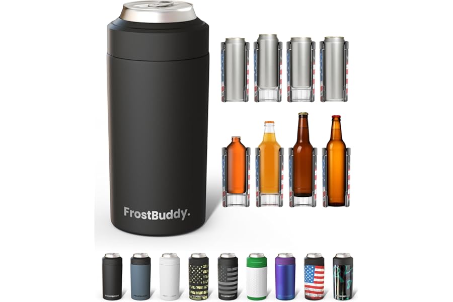 Frost Buddy Universal Can Cooler - Fits All - For Regular 12 & 16 oz or Slim-Size Bottles - Insulated Double-Walled Stainless Steel (MatteBlack)