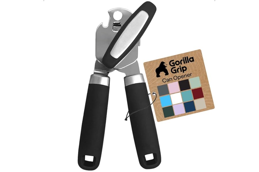 GORILLA GRIP Heavy Duty Stainless Steel Smooth Edge Manual Can Opener and Bottle Openers, US Designed, Soft Comfortable Handle, Oversized Handheld Turn Knob, Multifunctional Kitchen Tool, Black