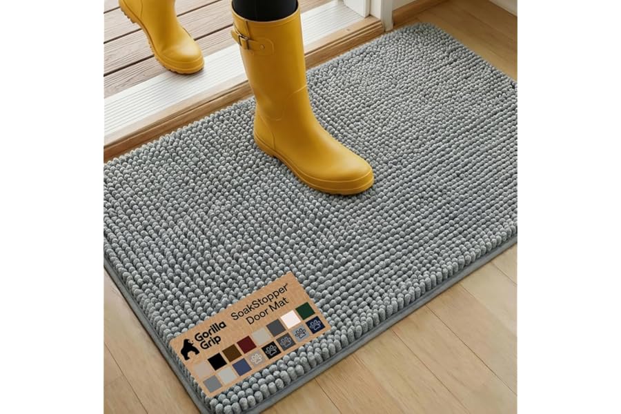 GORILLA GRIP SoakSTOPPER Dog Door Mat, 36x24 Machine Washable Rug Absorbent Doormat Captures Moisture Mud Dirt, Quick Dry Soft Chenille Entryway Rugs Indoor Entrance Mats for Dog Paws, Grey