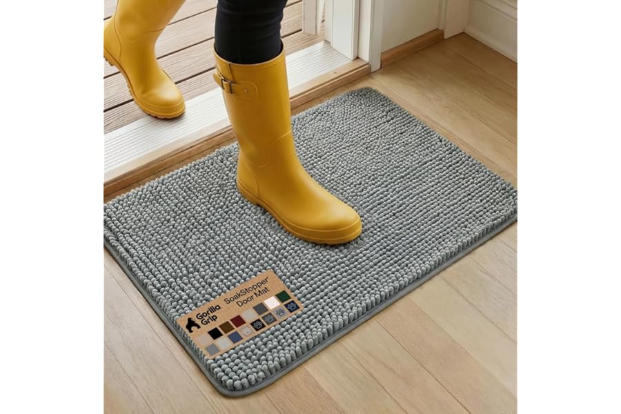 GORILLA GRIP SoakSTOPPER Dog Door Mat, Machine Washable Rug Absorbent Doormat Captures Moisture Mud Dirt, Quick Dry Soft Chenille Entryway Rugs Indoor Entrance Mats for Dog Paws, 24x17 Grey