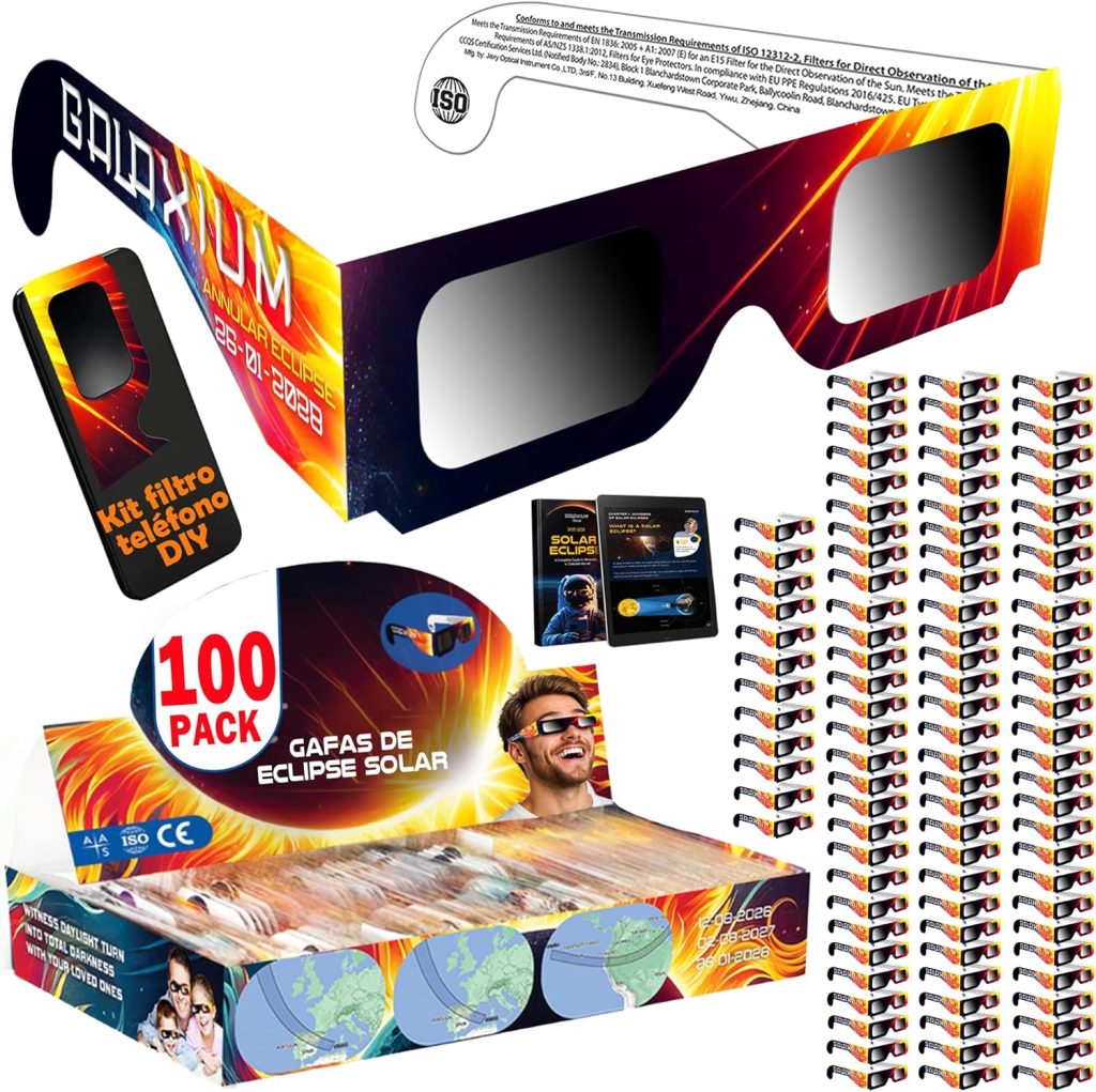 Galaxium 12x Gafas Eclipse Solar Homologadas ISO 12312-2 - Aprobadas AAS 2026 - Certificadas CE - Seguras para Observación Directa - Gafas para Ver Eclipse Solar
