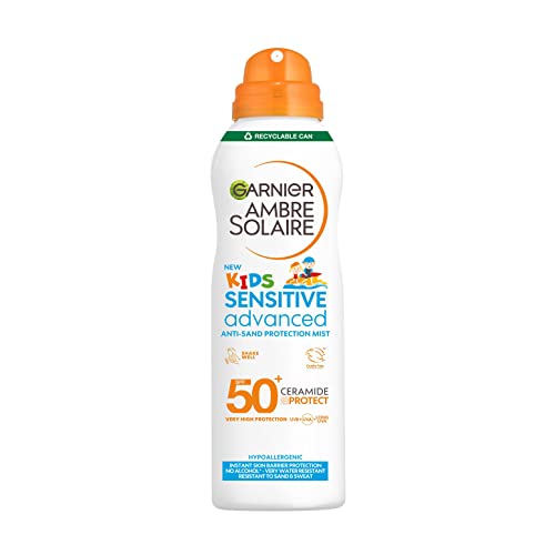 Garnier Ambre Solaire Sun Cream SPF 50+ Sensitive Advanced Kids Anti-Sand Sun Protection Mist Spray, Very High Protection UVA & UVB, Water Resistant, For Face & Body, Cruelty Free 150ml