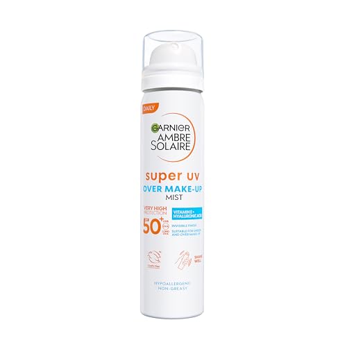 Garnier Ambre Solaire Sun Cream Spray, Over Makeup Super UV Protection Mist SPF50+, with Hyaluronic Acid and Vitamin E, Light Texture, Invisible Finish, Non-Greasy, Hydrates Skin 75ml