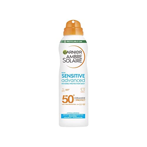 Garnier Ambre Solaire Sun Cream Spray SPF 50+ Sensitive Advanced Dry Mist, Water Resistant & Non Greasy Sunscreen, Fragrance Free, UVA & UVB Protection, 150ml