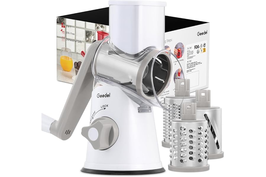 Geedel Rotary Cheese Grater, Kitchen Mandoline Vegetable Slicer with 3 Interchangeable Blades, Easy to Clean Rotary Grater Slicer for Fruit, Vegetables, Nuts