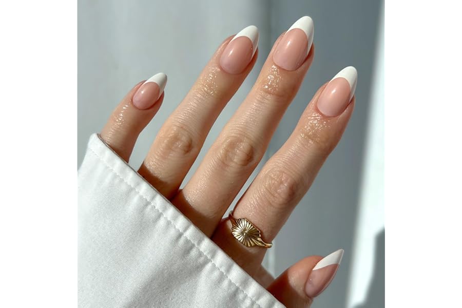 Glamnetic Press On Nails - MaDamn | French Tip UV Finish Short Pointed Almond Fake Nails, Salon Quality Semi-Transparent Nails in 12 Sizes - 24 Nail Kit with Glue