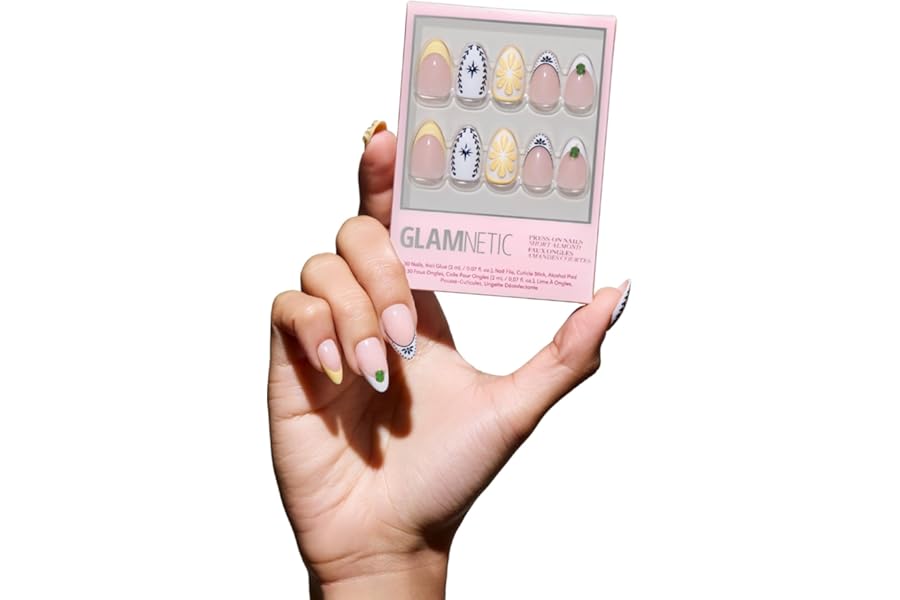 Glamnetic Press On Nails - Short Almond Fake Nails in Bright Orange with Olives, Lemons & Ceramic Designs, Salon Quality, Summer Nails | Aperitivo Hour | 15 Sizes - 30 Nail Kit with Glue