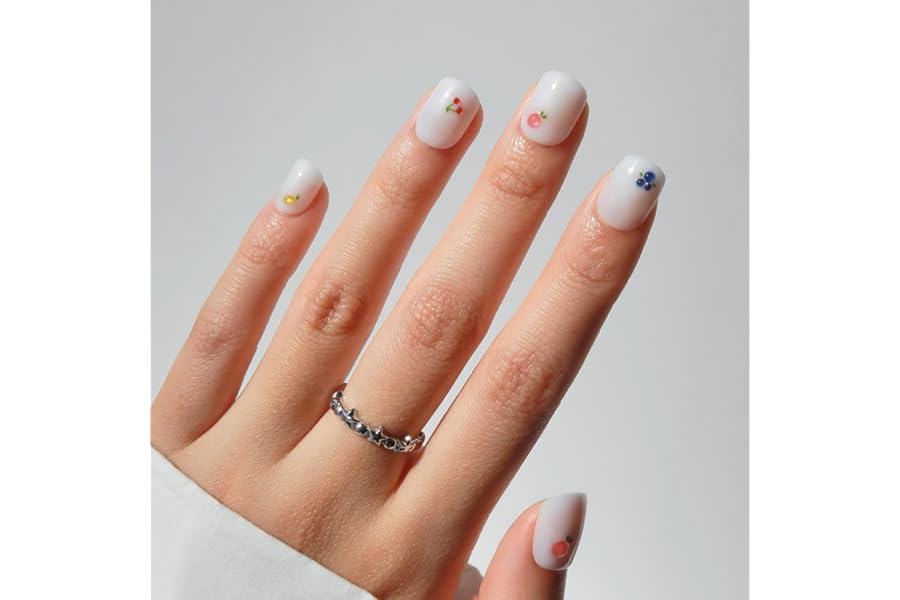 Glamnetic Press On Nails - White Extra Short Fake Nails with 3D Fruit | Salon Quality Summer Nails | Sweet Picks |12 Sizes - 30 Nail Kit with Glue
