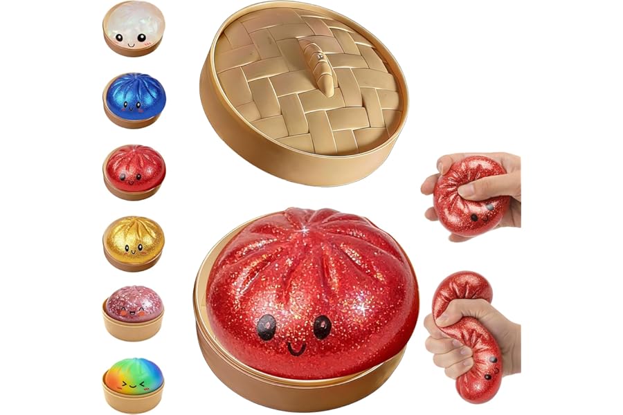 Glitter Dumpling, Glitter Dumpling Squishy with Box, 6 Color Options Dumplings Squishy Toy for Stress Relief (Red)