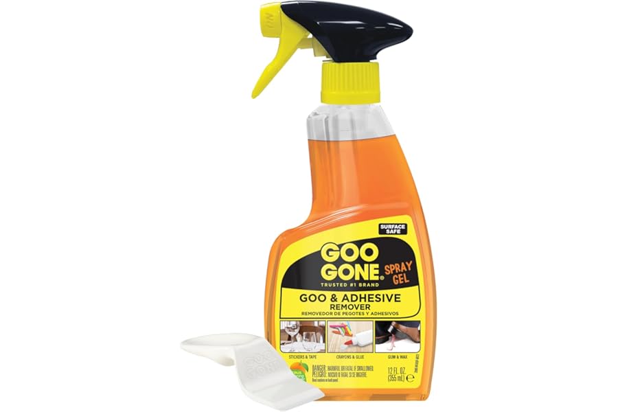 Goo Gone Spray Adhesive Remover Gel 12 Oz with Scraper, Removes Glue, Stickers, Tape Residue, Grease, Gum & Wax, Adhesive Spray with Citrus Cleaning Power for Hard Surfaces, Carpets & Fabrics