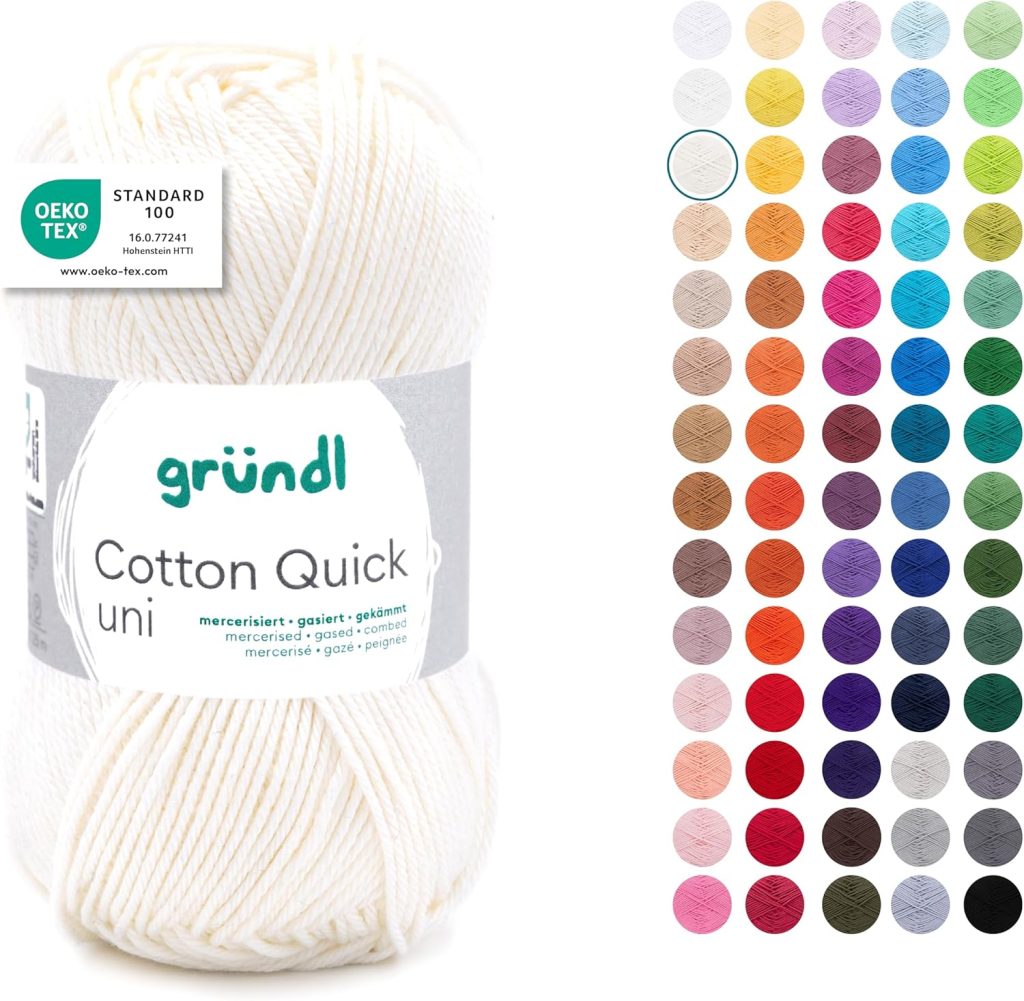 Gründl Laine Cotton Quick uni - laine fine pour crocheter - fil à tricoter – fil à crocheter – brillant et doux pour la peau – 100% coton – 1 pelote 50 g / 125 m – taille d’aiguille 3-4 - écru