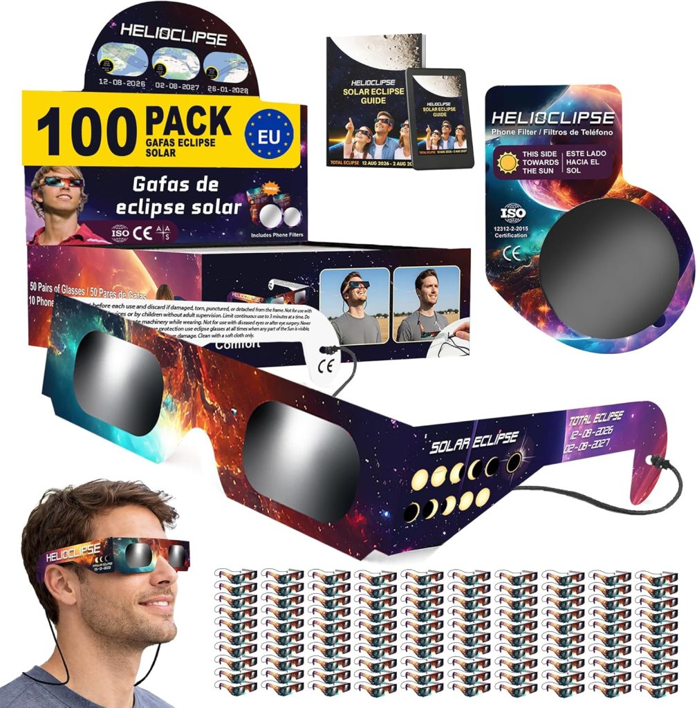 Helioclipse 12 Gafas Eclipse Solar Homologadas ISO 12312-2 CE para Ver Eclipse Solar 2026, Gafas de Eclipse Solar Seguras Certificadas