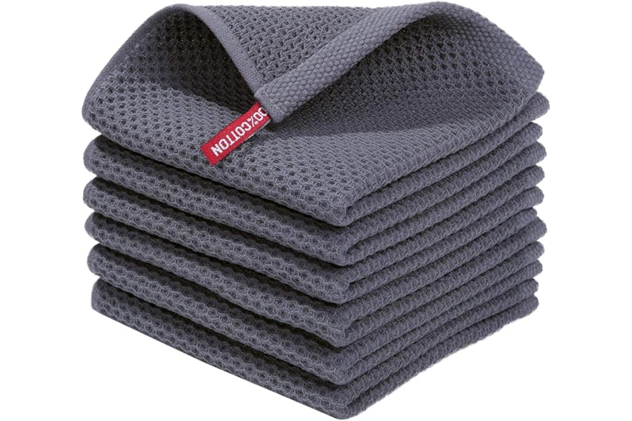 Homaxy 100% Cotton Waffle Weave Kitchen Dish Cloths, Ultra Soft Absorbent Quick Drying Dish Towels, 12 x 12 Inches, 6-Pack, Dark Grey