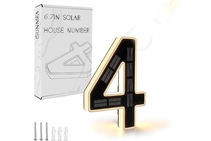 ISUNMEA 6.7 Inch Solar Lighted House Numbers for Outside, Light Up Waterproof LED Address Signs for Houses, Backlit Illuminated Exterior Modern House Numbers Light (4-Black, 6.7IN)