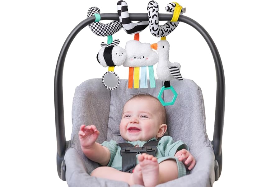 Itzy Ritzy Spiral Car Seat & Stroller Activity Toy - Stroller & Car Seat Toys for Ages 0 Months and Up - Hanging Toys Include Dangling Ring, Mirror and Textured Ribbons (High Contrast)