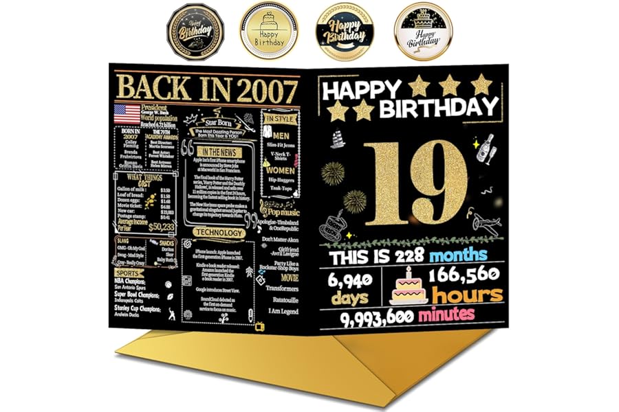 Joycard 19th Birthday Card with Envelope, 19th Birthday Decorations for Her Him, 19th Birthday Gifts for Daughter Son, Happy Birthday Cards for 19 Year Old Grandson Granddaughter, Back in 2007