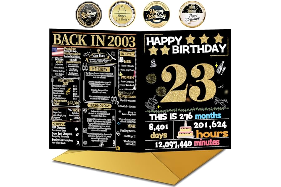 Joycard 23rd Birthday Card with Envelope, 23rd Birthday Decorations for Her Him, 23rd Birthday Gifts for Daughter Son, Happy Birthday Cards for 23 Year Old Grandson Granddaughter, Back in 2003