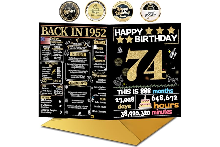 Joycard 74th Birthday Card with Envelope, 74th Birthday Decorations for Women Men, 74th Birthday Gifts for Grandpa Grandma, Happy Birthday Cards for 74 Year Old Mother Dad, Back in 1952