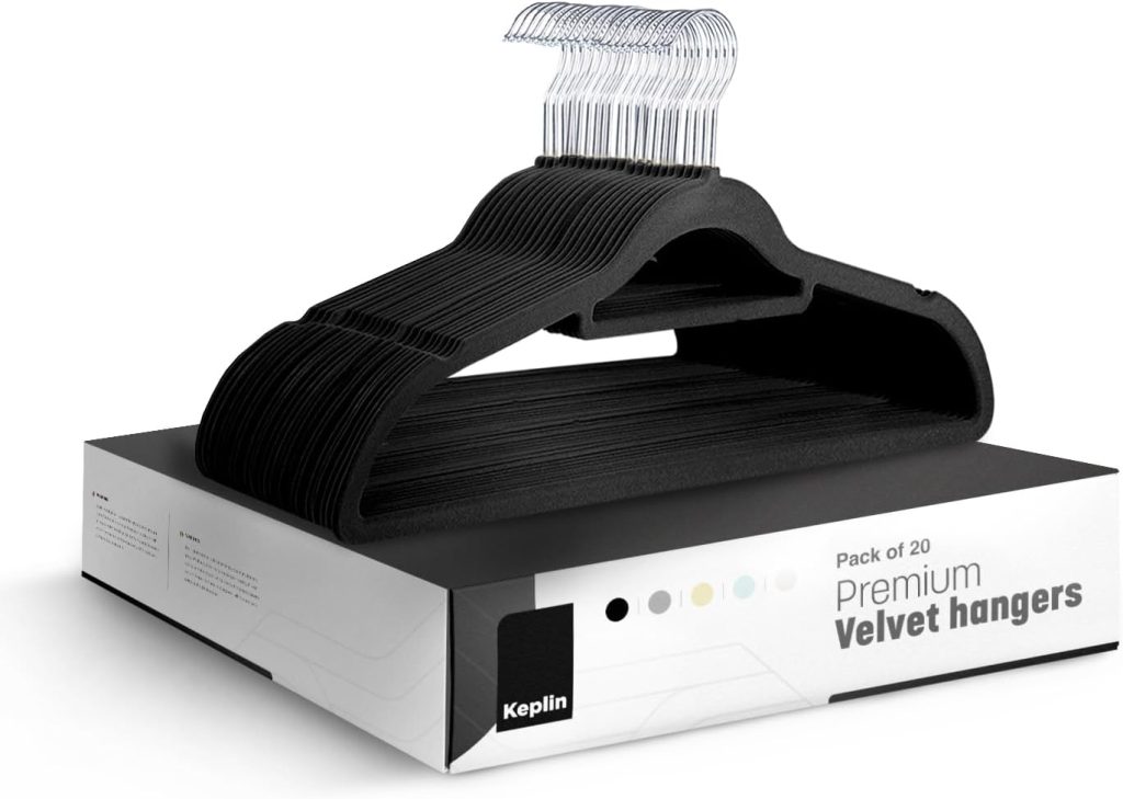 KEPLIN Velvet Hangers 20 Pack - Non-Slip Clothes Hangers with Tie Bar & 360° Hook - Durable & Sturdy, Space-Saving Wardrobe Organisers for Suits, Jackets & Clothes- Home Storage Solution (Black)