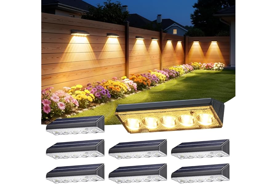 KOOPER Solar Fence Lights Outdoor Waterproof, 8 Pack Warm White & 9 Fixed Colors & Color Changing Fence Lights Solar Powered,