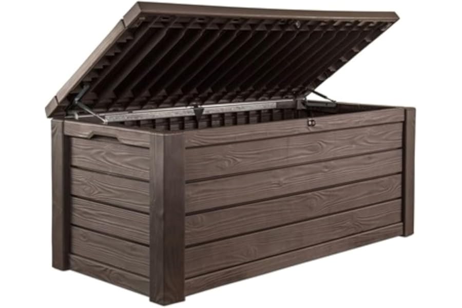 Keter 150 Gallon Resin Large Deck Box Organization and Storage Box for Patio, Outdoor Cushions, Garden Tools, Brown