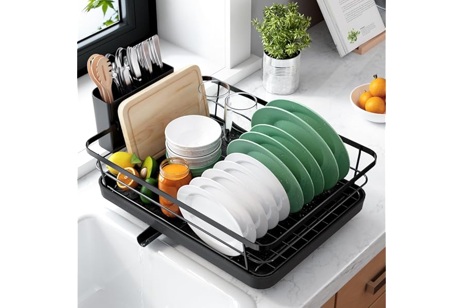 Kitsure Dish Drying Rack for Kitchen Counter, Stainless Steel Sink Organization and Storage Essentials with Cutlery Holder, Home and Appartment Decor, 12''W x 15.5''L, Black