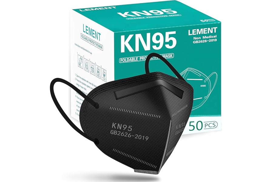 LEMENT 50pcs KN95 Face Mask Black 5 Layer Cup Dust Safety Masks Filter Efficiency≥95% Breathable Elastic Ear Loops Black Masks