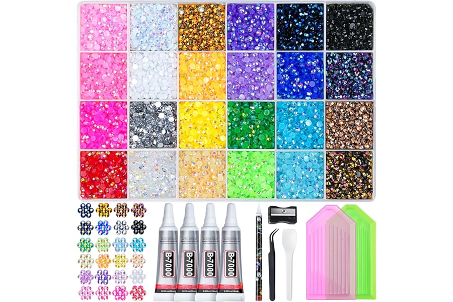 LOTWOW 35000 Pcs Resin Jelly Rhinestones Kit, Multicolor 3mm Flatback Rhinestones with 4 Pcs B7000 Jewelry Glue & Tools, All-in-One Bedazzling Kit for DIY Arts & Crafts Gifts