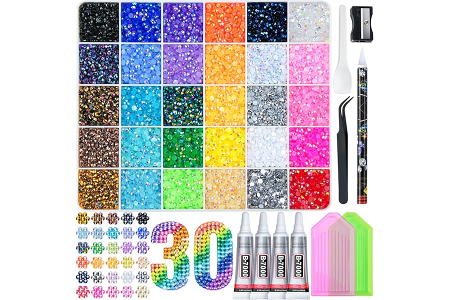 LOTWOW 40000 Pcs Resin Jelly Rhinestones Kit, 30 Colors 3mm Flatback Rhinestones with 4 Pcs B7000 Jewelry Glue & Tools, All-in-One Bedazzling Kit for DIY Arts & Crafts Gifts