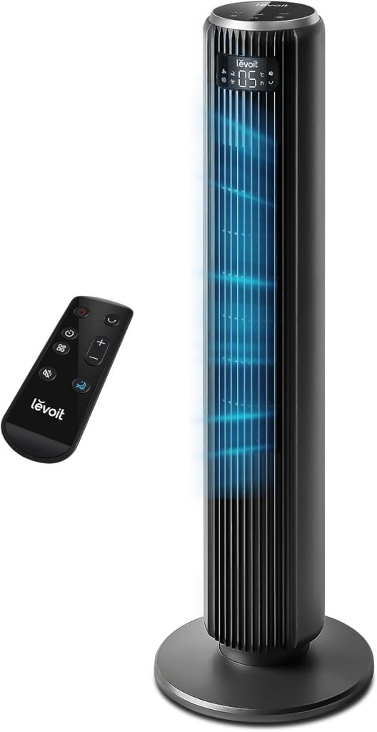 Levoit 23dB Silent Tower Fan, Bladeless Fan for Bedroom, Powerful Yet Gentle Cooling Fans, Energy Efficient, Advanced Sleep Mode, 12H Timer, 90° Oscillation, 4 Modes, 36 Inch, Dark Gray