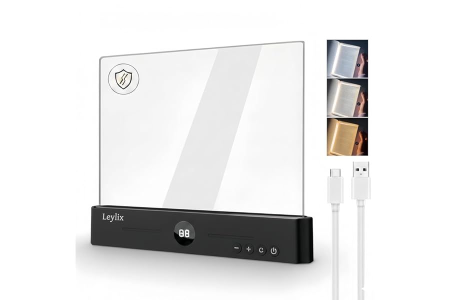 Leylix LED Flat Book Light for Reading in Bed, Eye-Caring Books Lights, 3 Color Temperatures & Stepless Dimmable, Portable Fl
