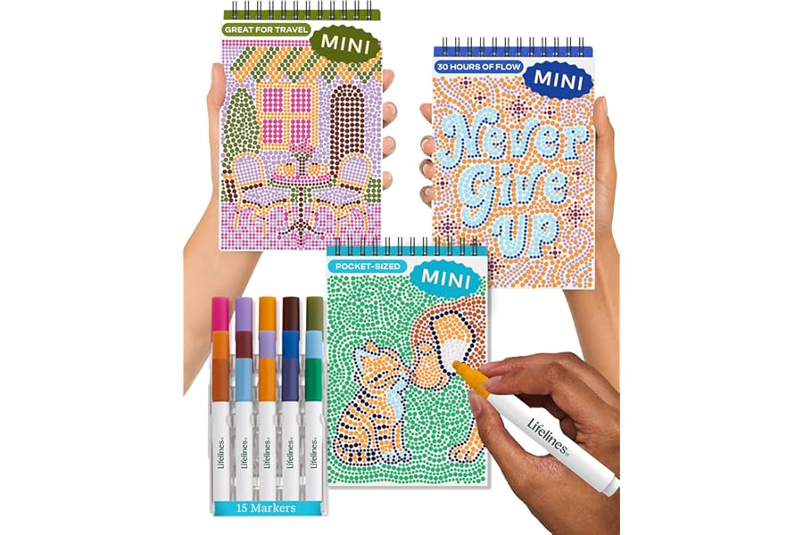 Lifelines FlowArt Mini Activity Pads, 3-Pack - Guided Dot-by-Letter Art Meditations with Markers - 15 Markers & 60 Scenes - P