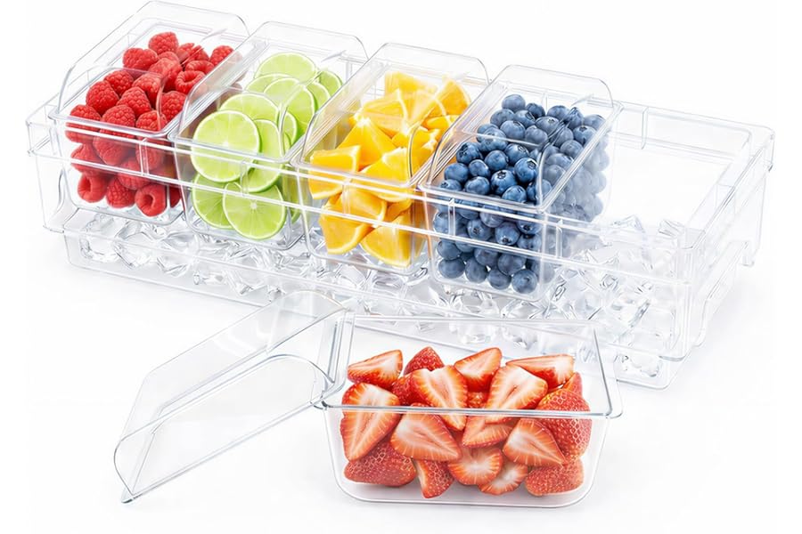 Lifewit Chilled Condiment Containers with Lids, Plastic Taco Bar Serving Set for Party with 5 Containers, Ice Garnish Tray for Mimosa Bar Supplies, Clear Serving Platter for Fruit, Salad, Snack